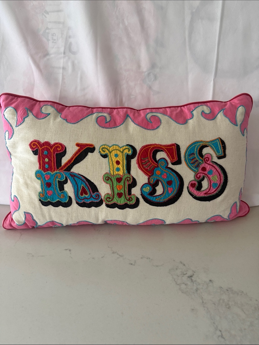 KISS Decorative Embroidered Lumbar Pillow – Pink Accent